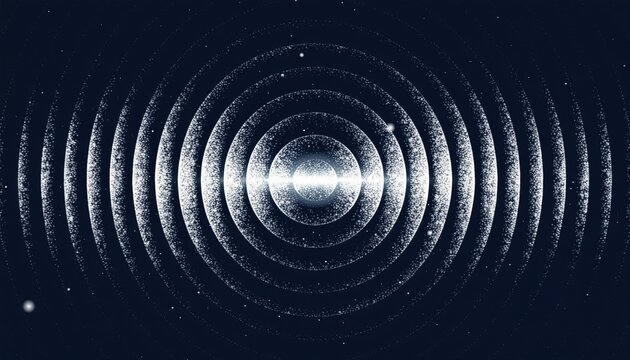 Minimalist stippling geometric design with concentric circles symbolizing infinity motion, depth, energy and vibration. Dynamic illusion of sound waves and ripples spreading endlessly in space. Vector