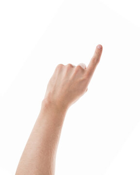 Adult man left hand pointing with index finger isolated