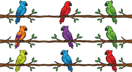 Colorful Cartoon Parrot Collection Featuring Multiple Tropical Bird Characters Perched on Tree Branches for Children Educational Materials, Wildlife Nature Posters, and Nursery Wall Art Designs © Ismail