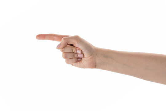Female hand point with index finger isolated on white