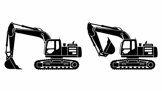 Excavator silhouette set: Industrial digger in open and closed arm positions.