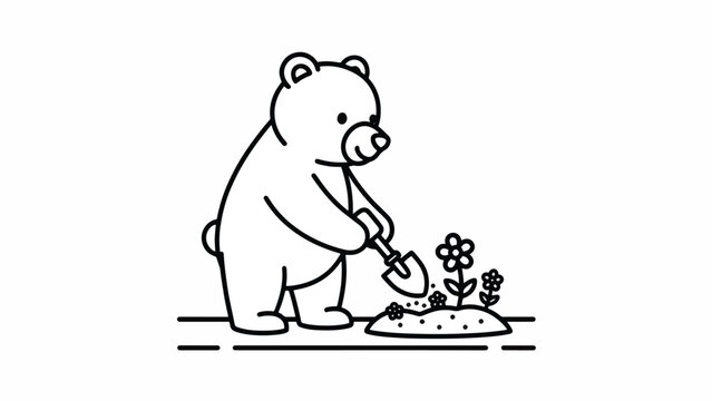 Bear Planting Flower in Ground.