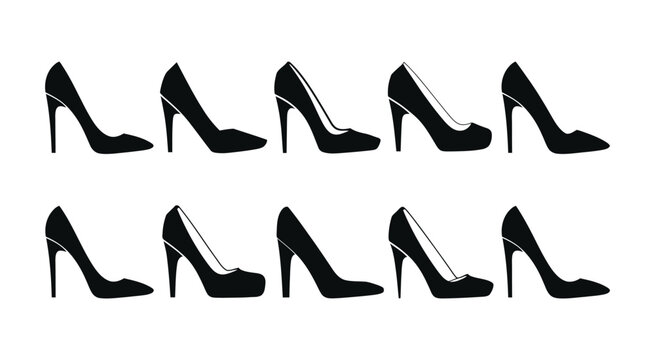 Ten Black High Heel Shoe silhouettes arranged in two rows on white background for fashion and footwear concept design.