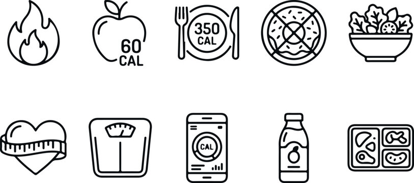 Healthy food diet and weight loss icons for calorie counting and fitness tracking apps.
