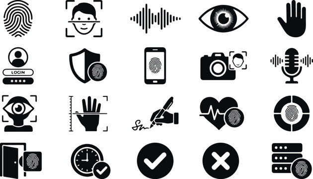 Biometric security and access control icons for authentication and verification systems.