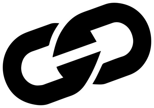 Solid black filled icon of partnership link chain with arrows symbolizing connection and collaboration on a white background