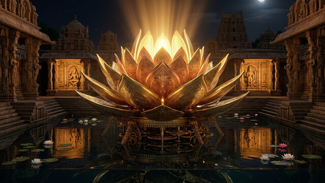 Colossal mechanical brass copper lotus flower opening at centre of ancient Indian temple tank at night releasing golden light upward with clockwork gears and stone temple reflections