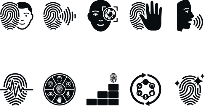 Biometric authentication icons set for identity verification face fingerprint hand voice eye and signature.