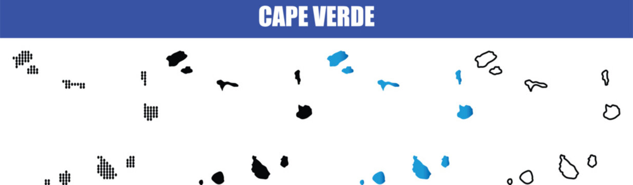 Cape Verde islands map, dot map, silhouette, blue gradient and outline versions for archipelago.