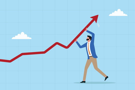 Vector illustration of businessman pushing red graph line upward, symbolizing efforts to improve business performance, financial recovery, and upward market movement
