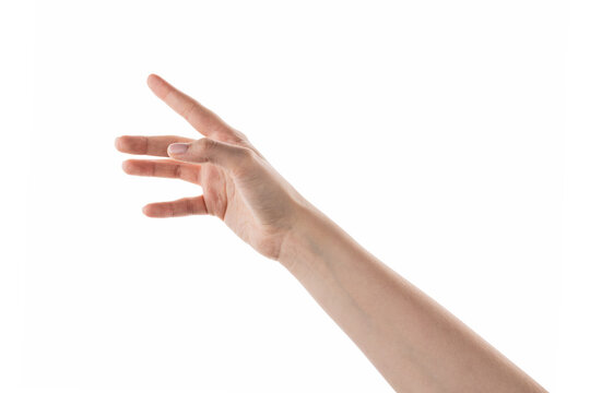Female hand reaching something isolated on white