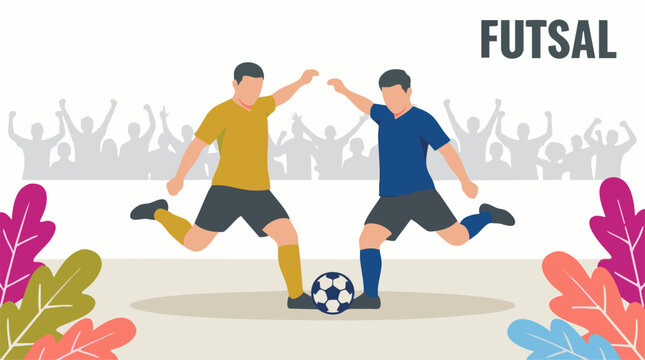 Futsal players kicking a ball in action with a cheering crowd illustration