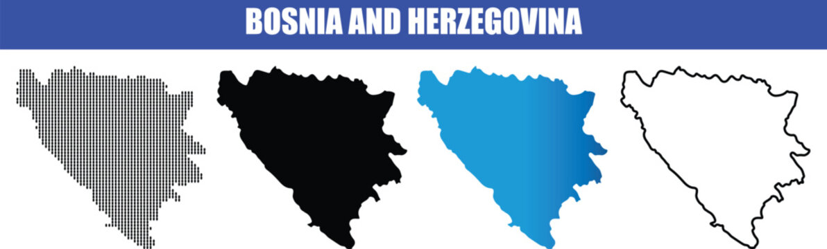 Bosnia and herzegovina map set with four graphic styles including dotted pattern solid blue fill and minimal black line art contour.