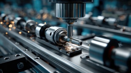 Fototapeta premium Machining process in a factory where metal parts are shaped and worked on using precision tools and equipment during daytime hours