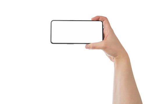 Man hand hold phone with white screen isolated