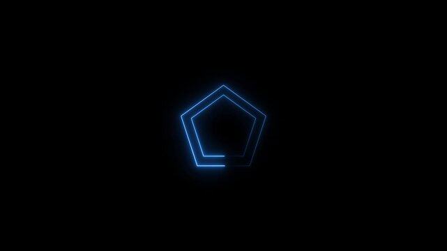 Glowing blue neon pentagon shape icon on black background, abstract geometric element, loop animation