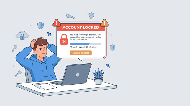 Frustrated man sitting at desk with locked account on laptop screen