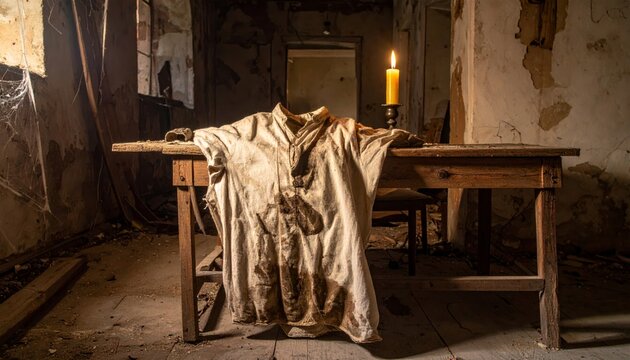 Worn Peasant Tunic Stained on Wooden Table with Candle Light