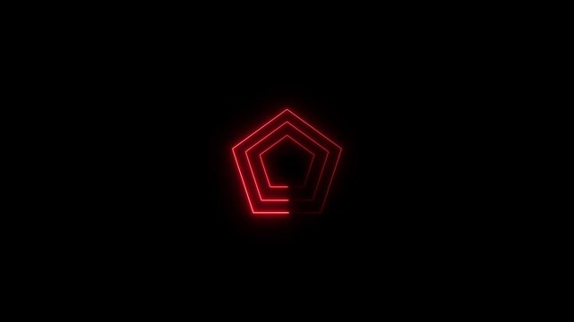 Glowing red neon pentagon shape icon on black background, abstract geometric element, loop animation