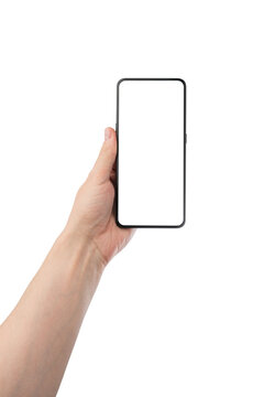 Man hand hold phone with white screen isolated