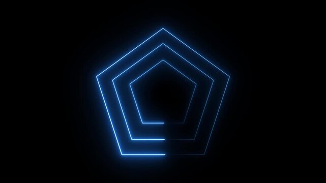 Glowing blue neon pentagon shape icon on black background, abstract geometric element, loop animation