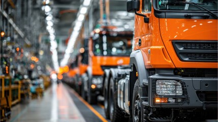 Naklejka premium Trucks lined up in a factory ready for production during the day shift