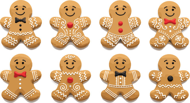 Cute Christmas Gingerbread Man Cookie Icon Set with Various Icing Patterns and Bow Ties for Winter Holiday Greeting Cards Seasonal Baking and Festive Digital Media Graphics