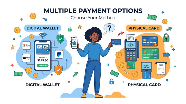 Person compares digital wallet and physical card payment options