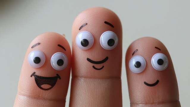 Cute Cartoon Fingers with Happy Faces on White Background