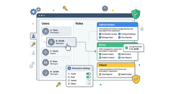 A business process diagram illustrates workflow automation with various roles and clients interacting.