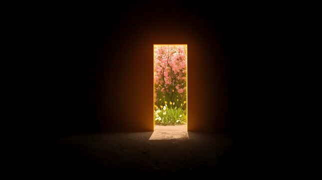 A door opens to reveal a vibrant garden with pink flowers and greenery outside