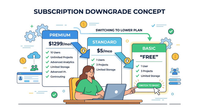 Woman on computer compares subscription plans in office setting