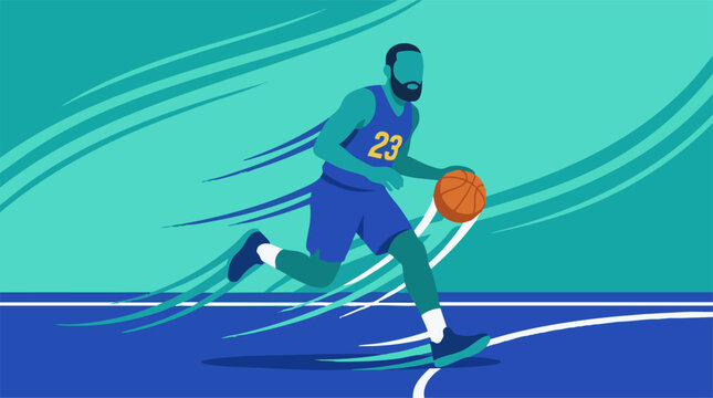 Dynamic vector illustration of a basketball player dribbling on a court