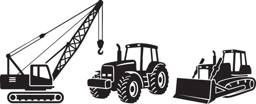 Industrial Crane, Heavy Duty Tractor, Construction Equipment, Black Silhouette vector
