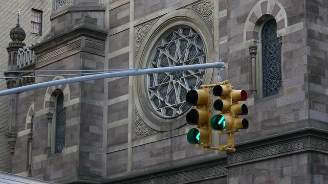 New York Central Synagogue old historic building 1872, Lexington avenue, United States of America. Jewish congregation in Manhattan. Judaism religion landmark. Star of David geometry ornament. Window.