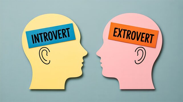 Introvert and extrovert personality comparison concept with human head illustration