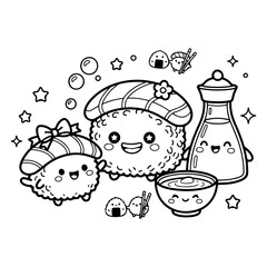 Kawaii Sushi and Soy Sauce Japanese Food Characters Coloring Page © MSTCHAMPA