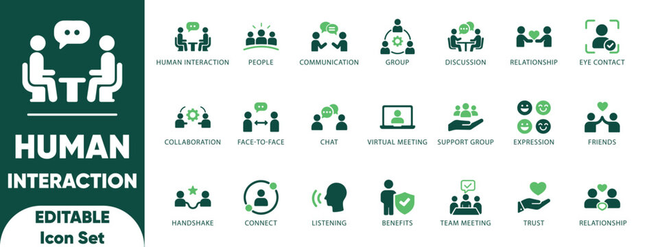 Human interaction Solid icon set. people, connection, friends, chat, bonding, socializing, illustration, chat, set, and solid icons.