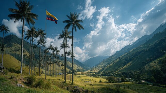 Cloudy sky over palm trees and a valley with a Colombian flag in the Cocora Valley of Colombia during a warm afternoon