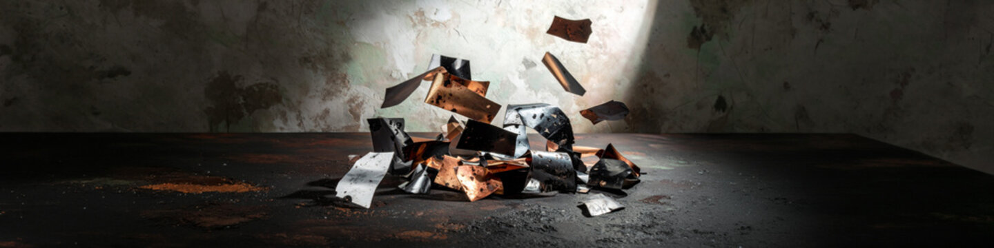 Metal shards motion copper gold silver. Industry concrete texture wall background. Product display environment technology market 2026. Material deconstruction layout. Studio light. Reflection space.