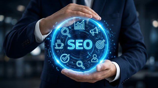 Seo concept with business professional holding digital network of icons and data analytics