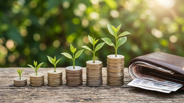 Investing and saving money concept with growing plants on coin stacks