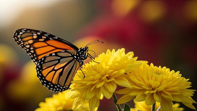Monarch butterfly on bright yellow flowers with blurred colorful background