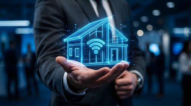 Smart home technology concept with businessman holding digital house with wifi symbol