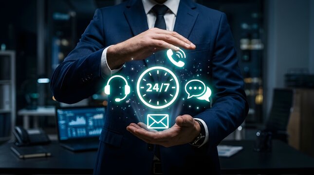 24 7 customer support concept businessman holding glowing icons of communication services