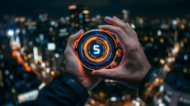 Smartwatch displaying countdown timer with city lights blurred in background technology concept