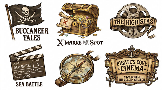 Pirate-themed illustrations showcase a skull flag, treasure chest, compass, and movie clapperboard on a wooden table in a cinematic setting with high seas and sea battle elements.