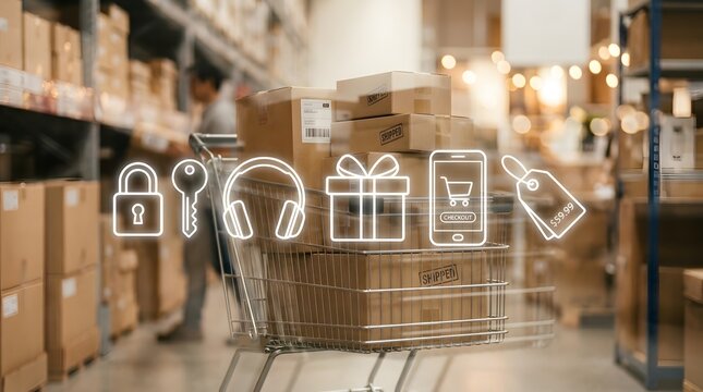 E commerce delivery and shipping concept with shopping cart and cardboard boxes in a warehouse