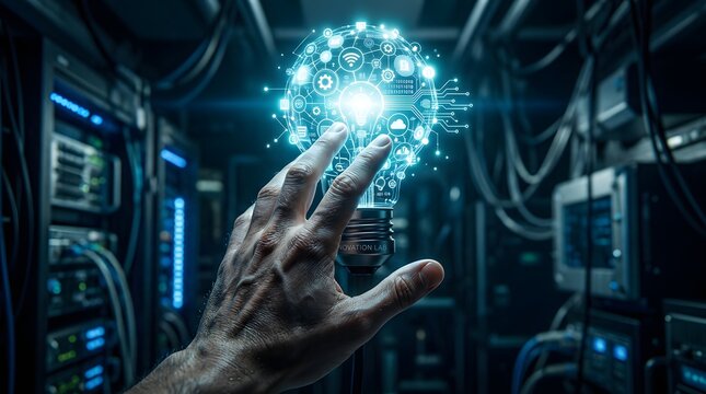 Hand holding a glowing lightbulb with digital network connections in a server room