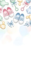 Fototapeta premium Cute Baby Shower Elements with Pink and Blue Shoes and Rattles